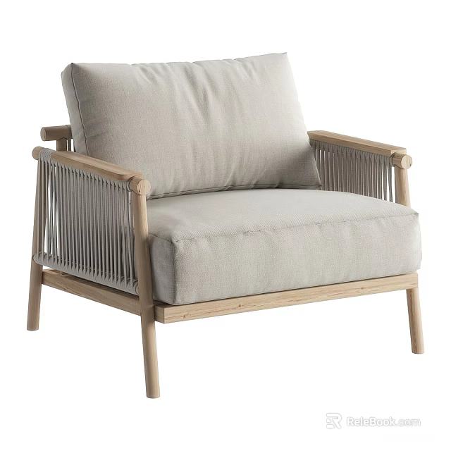 Modern Minimalist Single Sofa With Wooden Frame Light Colored Cushions And Woven Armrests 3d model 