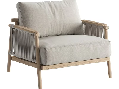 Modern Minimalist Single Sofa With Wooden Frame Light Colored Cushions And Woven Armrests 3d model