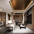 Traditional Chinese Dining and Living Room Interior Featuring Wooden Bookshelves TV Wall and Coffee Table