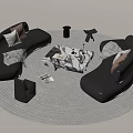 Modern Curved Black Sofa And Marble Coffee Table Set With Gray Rug Magazines And Stools