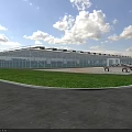 Industrial Factory Building with Glass Curtain Walls Grey Roof Parking Lot Green Lawn Front Entrance