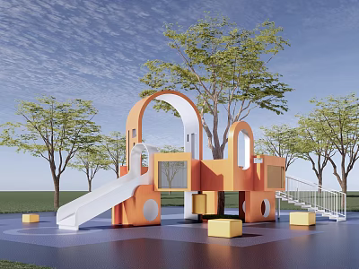 Outdoor Children Playground Structure With Orange White Slide Trees And Grass Area 3d model