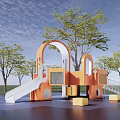 Outdoor Children Playground Structure With Orange White Slide Trees And Grass Area
