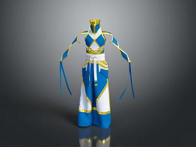 Traditional Blue And White Costume With Gold Accents And Flowing Ribbons Design 3d model