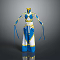 Traditional Blue And White Costume With Gold Accents And Flowing Ribbons Design