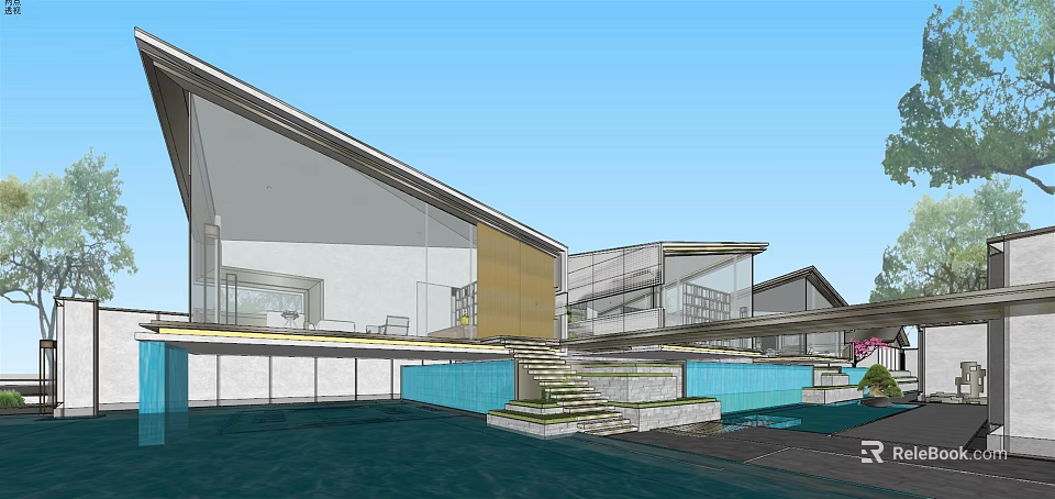 Modern Detached Villa With Glass Structure Swimming Pool And Steps Design 3d model 