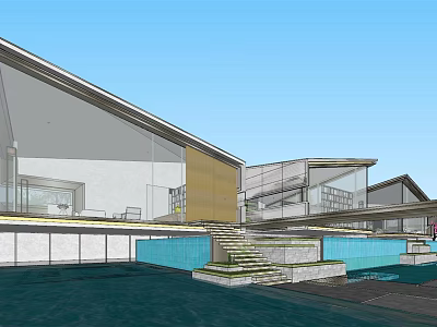 Modern Detached Villa With Glass Structure Swimming Pool And Steps Design 3d model