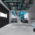 Modern Gaming Internet Cafe With Blue Lighting Comfortable Seats And Computer Desks