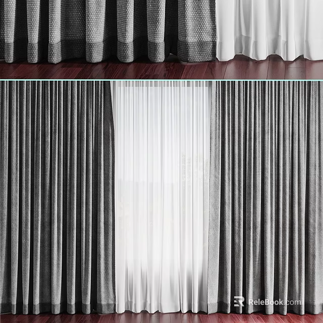 Modern Gray And White Layered Curtains With Sheer Fabric For Home Window Decor 3d model 