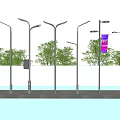 Outdoor Street Lights With Green Trees And Reflective Water Surface Setup