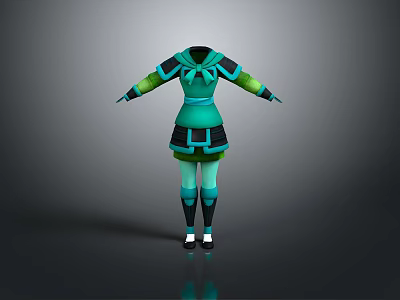 Teal And Black Outfit With Bow Detail Long Sleeves Skirt And Socks 3d model