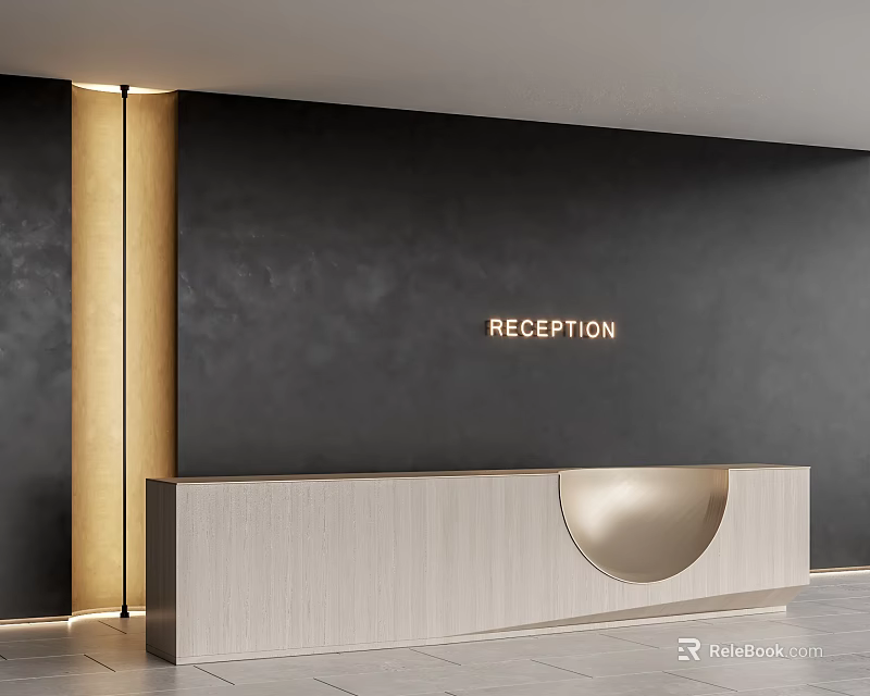 Modern Reception Desk Interior With Dark Wall RECEPTION Sign And Light Wood Design 3d model 