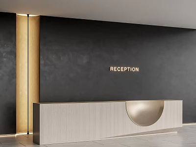 Modern Reception Desk Interior With Dark Wall RECEPTION Sign And Light Wood Design 3d model