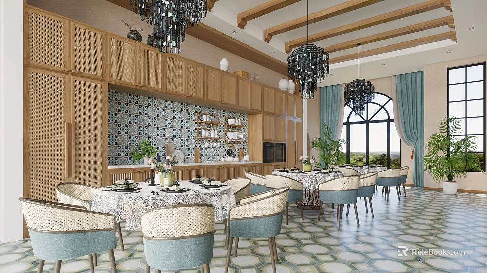 Elegant Luxury Restaurant Interior With Wooden Cabinets Chandeliers Dining Tables Chairs And Patterned Floor Tiles 3d model 