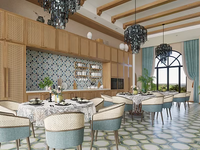 Elegant Luxury Restaurant Interior With Wooden Cabinets Chandeliers Dining Tables Chairs And Patterned Floor Tiles 3d model