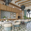 Elegant Luxury Restaurant Interior With Wooden Cabinets Chandeliers Dining Tables Chairs And Patterned Floor Tiles