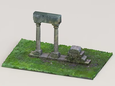 Garden Landscape Design With Spiral Columns Archway Structure And Mossy Stone Blocks On Green Grass 3d model