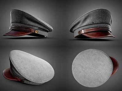 Vintage Gray Woolen Cap With Brown Leather Trim Shown In Multiple Angles 3d model