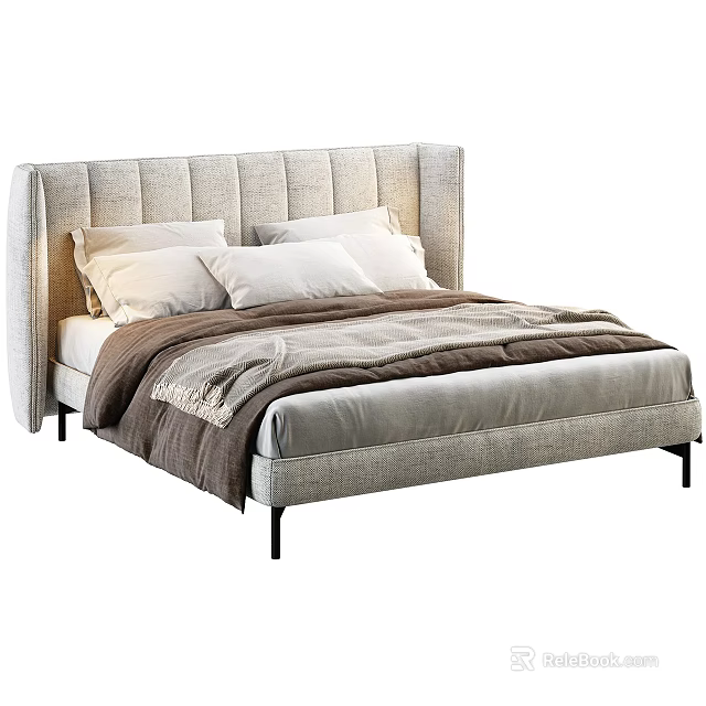Modern Upholstered Double Bed With Light Gray Vertical Tufted Headboard And Comforter 3d model 