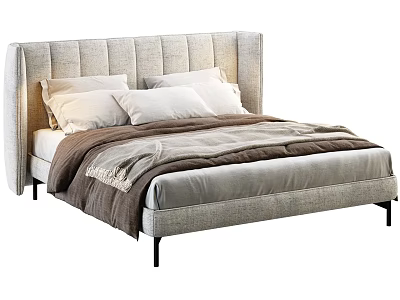 Modern Upholstered Double Bed With Light Gray Vertical Tufted Headboard And Comforter 3d model