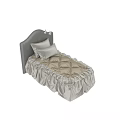 Elegant Single Bed With Ruffled Silk Bedding And Lace Pillows On Gray Headboard