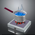 Silver Cooking Pot With Red Handle On White Hot Plate Boiling Blue Liquid
