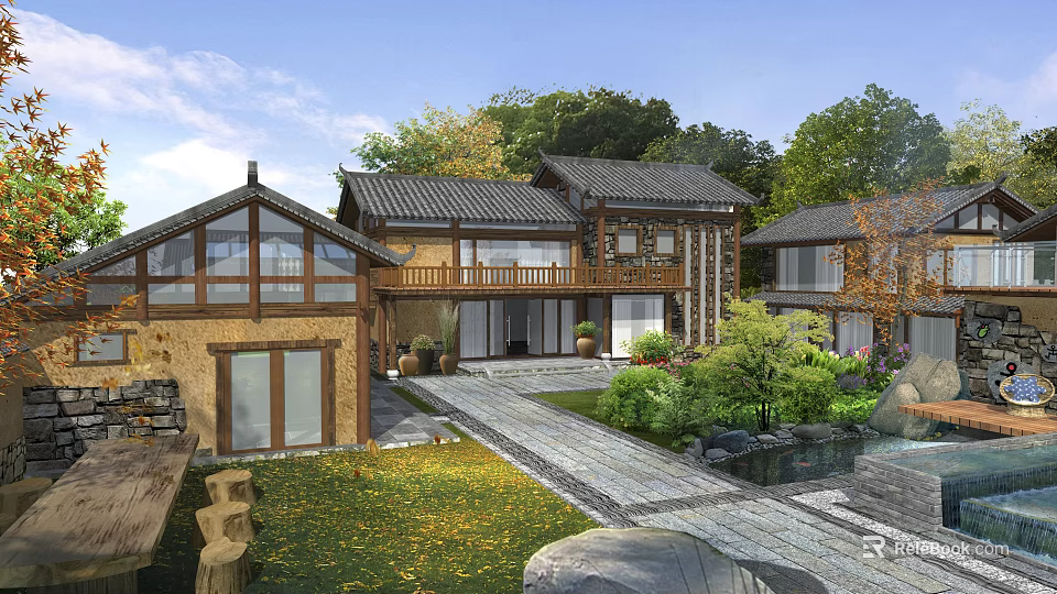 Traditional Chinese Garden Landscape Featuring Courtyard Stone Path Pond And Greenery 3d model 