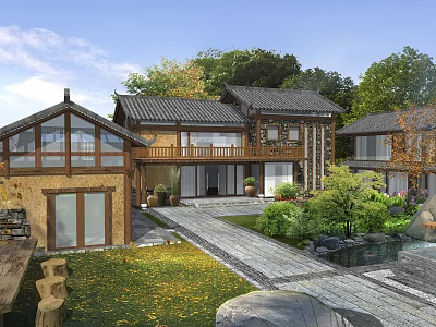 Traditional Chinese Garden Landscape Featuring Courtyard Stone Path Pond And Greenery 3d model