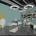 Cozy Lounge Area with Light Green Walls Circular Pendant Lights and Cartoon Animal Art