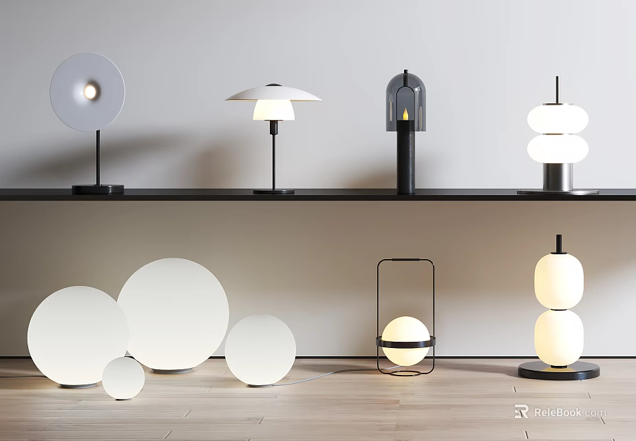 Modern Table Lamps With Unique Designs Displayed On Shelf And Floor 3d model