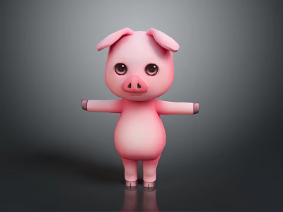 Cute Pink Pig Cartoon Character 3D Model Standing with Open Arms on Dark Background 3d model