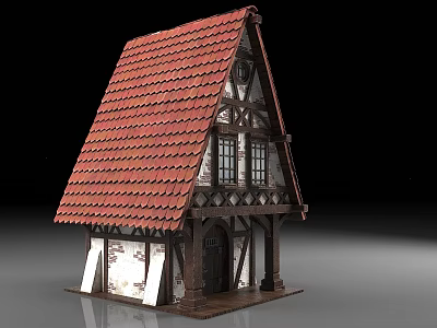 European Style Architecture With Red Tiled Roof Wooden Frame Arched Door White Walls And Windows 3d model