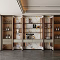 Modern Wine Cabinet with Glass Doors Marble Wall Shelves Holding Wine Bottles and Decorative Items