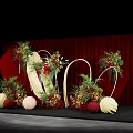 Elegant Banquet Hall With Red Curtain Background And Floral Arch Decorative Spheres