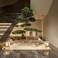 Modern Staircase Interior With Bonsai Tree Ambient Lighting And Marble Steps 3d model