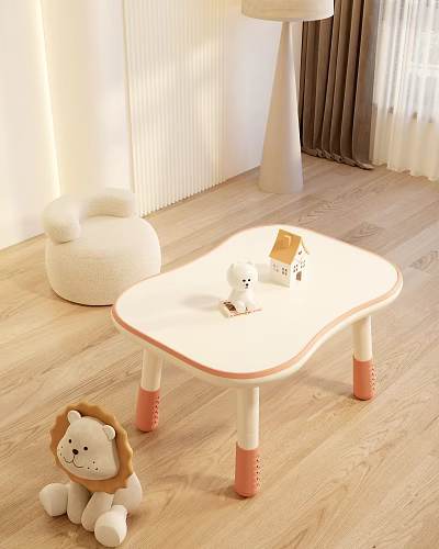 White Children's Table With Pink Edges Small Bear Toy Little House Model Cozy Room 3d model