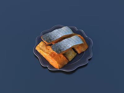 Gray Fish Fillets With Black Edges And Orange Toasted Bread On Black Plate 3d model