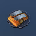 Gray Fish Fillets With Black Edges And Orange Toasted Bread On Black Plate