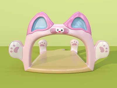 Cat Shaped Kids Activity Entrance With Pink Ears Blue Windows Beige Base And Paw Decorations 3d model