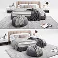 Modern Upholstered Double Bed With Bedside Tables Pouf And Soft Rug