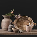 Rustic Clay Vase With Fresh Flowers And Candle On Wooden Table Dark Background