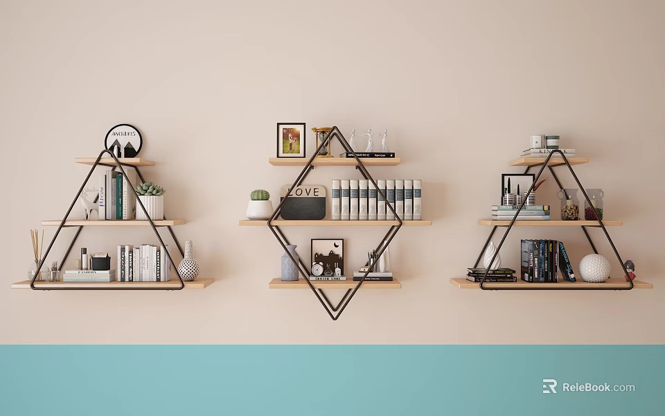 Modern Geometric Wall Cabinets With Books Decorative Items And Potted Plants 3d model 