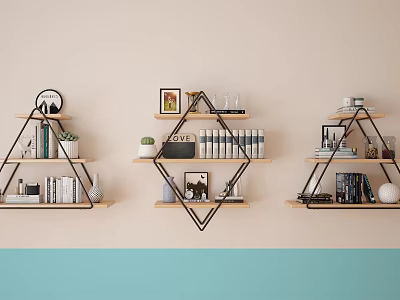 Modern Geometric Wall Cabinets With Books Decorative Items And Potted Plants 3d model