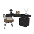 Modern Dark Wood Desk With Light Chair And Laptop Table Lamp Feather Vase