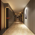 Modern Hotel Corridor Interior with Recessed Lighting Marble Floor and Wooden Panel Walls