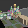 Cartoon Scene Featuring Green And White Buildings With Golden Domes Lawns And Light Cube Structure