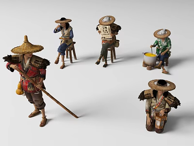 Women Wearing Straw Hats Engaged in Traditional Farming Activities with Tools and Baskets 3d model