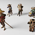 Women Wearing Straw Hats Engaged in Traditional Farming Activities with Tools and Baskets