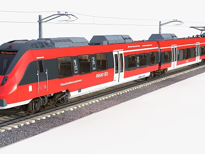 Modern Red And White DB Regio Electric Train With Multiple Carriages On Railway Tracks 3d model
