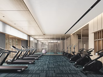 Modern Fitness Gym Interior with Treadmills Exercise Bikes and Blue Patterned Floor Wooden Ceiling Decor 3d model